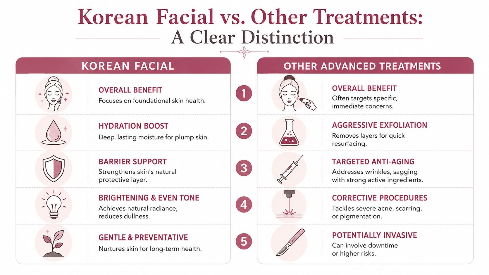 A comparison chart showing the differences between Korean facials and other advanced skin treatments.
