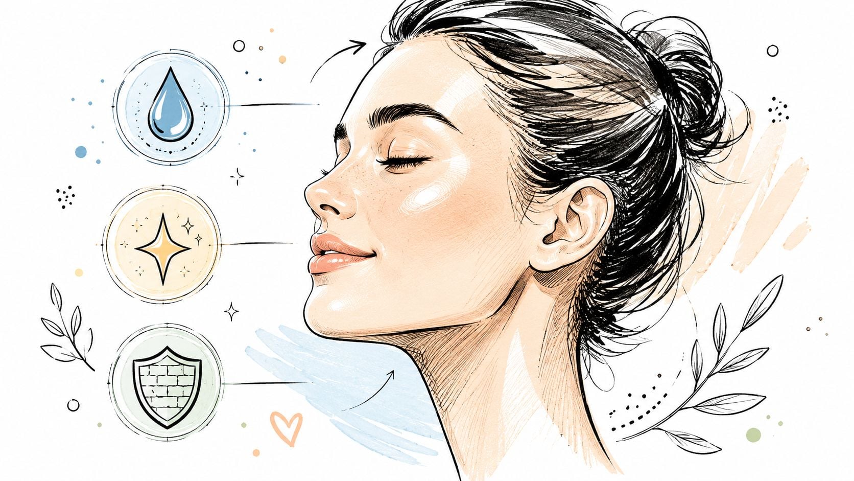 A sketched illustration of a woman enjoying skincare benefits shown with hydration, radiance, and barrier icons.