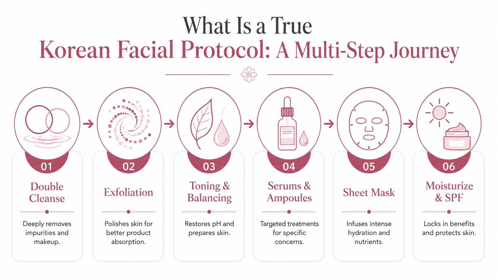 An infographic showing the six steps of a Korean facial skincare routine from cleansing to SPF application.