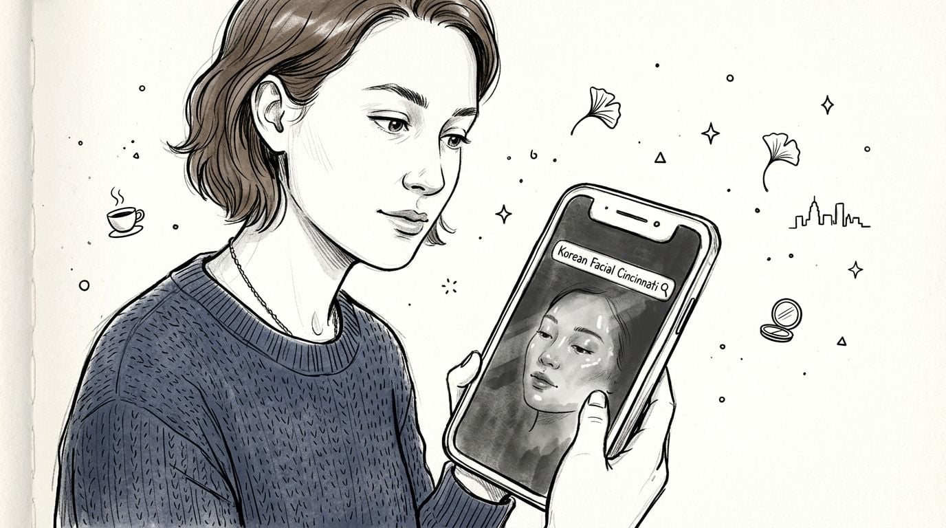 A young woman looks at her smartphone screen showing a search for Korean facial in Cincinnati.